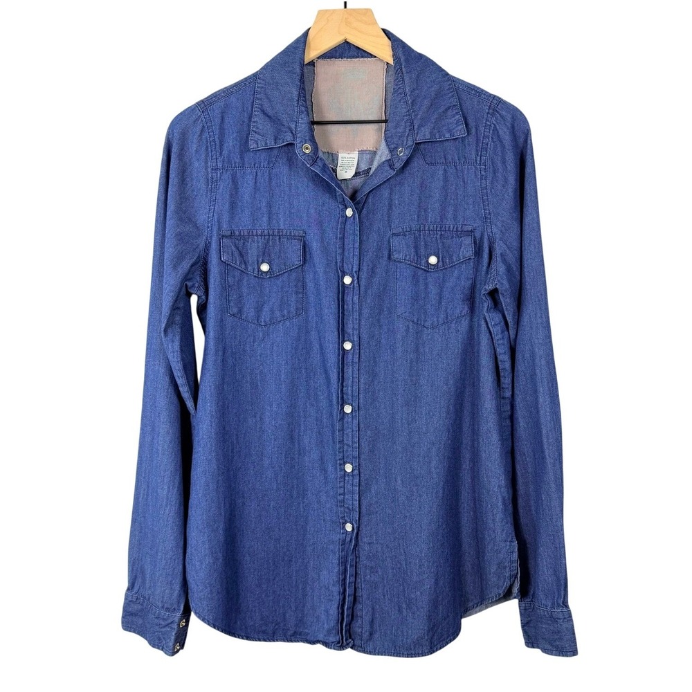 Western Denim Pearl Snap Shirt Medium Wash Cotton Long Sleeve Blue Made in USA M